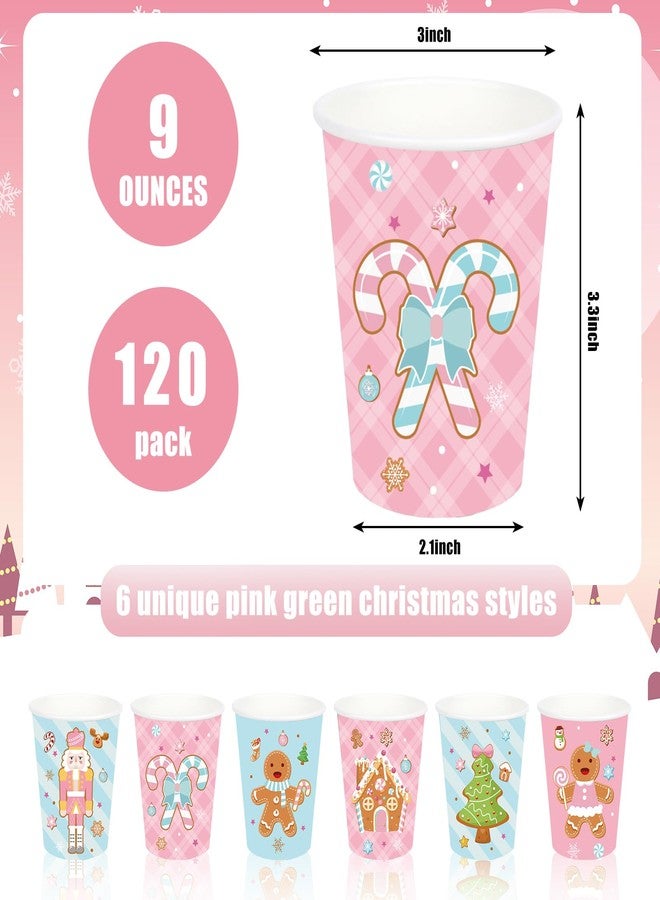 JarThenaAMCS 120Pcs Christmas Gingerbread Paper Cups 9oz Disposable Drinking Cups Pink Blue Nutcracker Candy Cane Holiday Party Cup for Xmas Winter Party Home Office Hot Cocoa Bar Supplies - Image 2